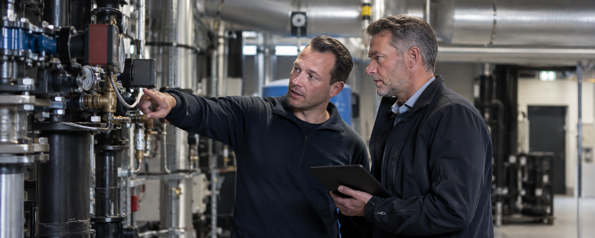 Twee technici overleggen bij een installatie