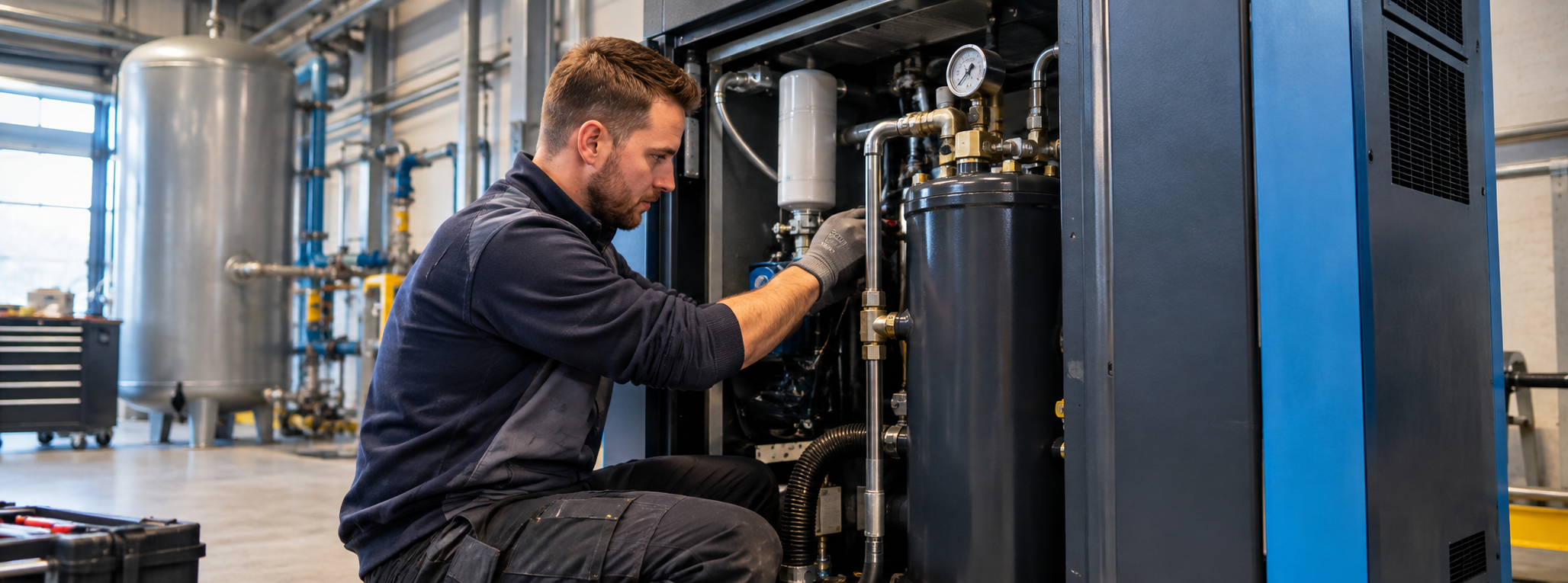 Service engineer aan een compressor
