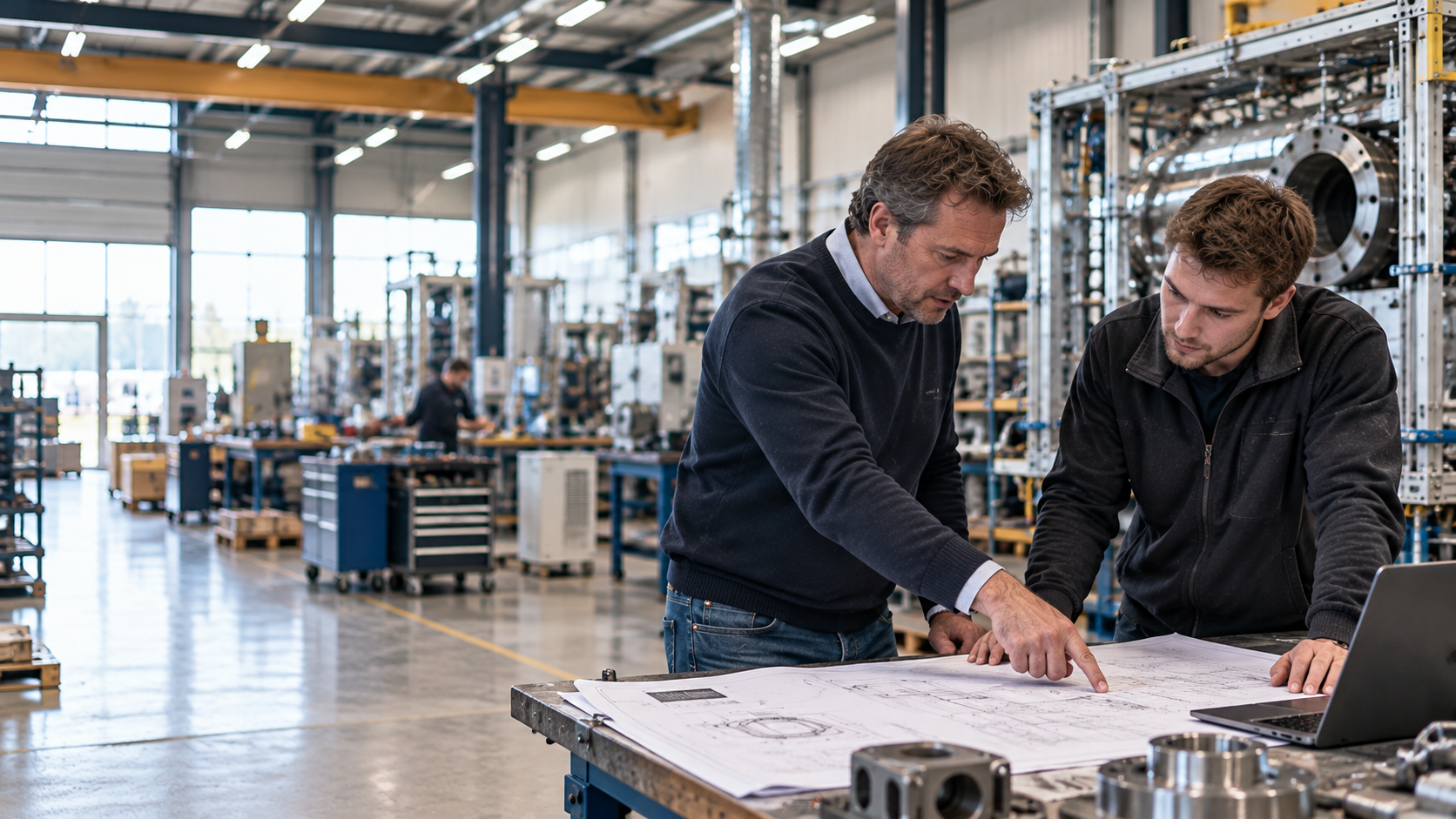 Ingenieurs bespreken blauwdrukken in werkplaats