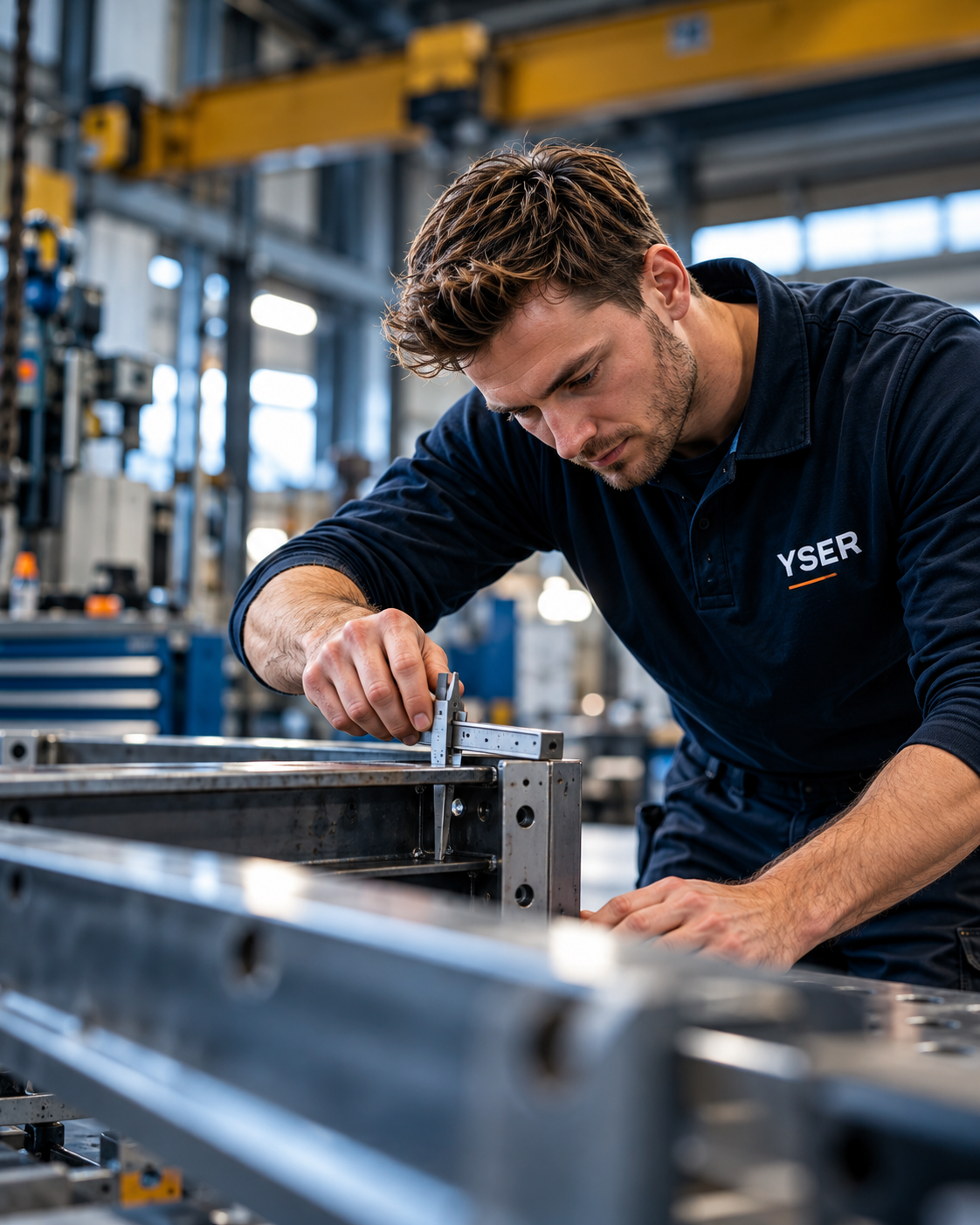 Technicus meet een metalen frame op in de werkplaats