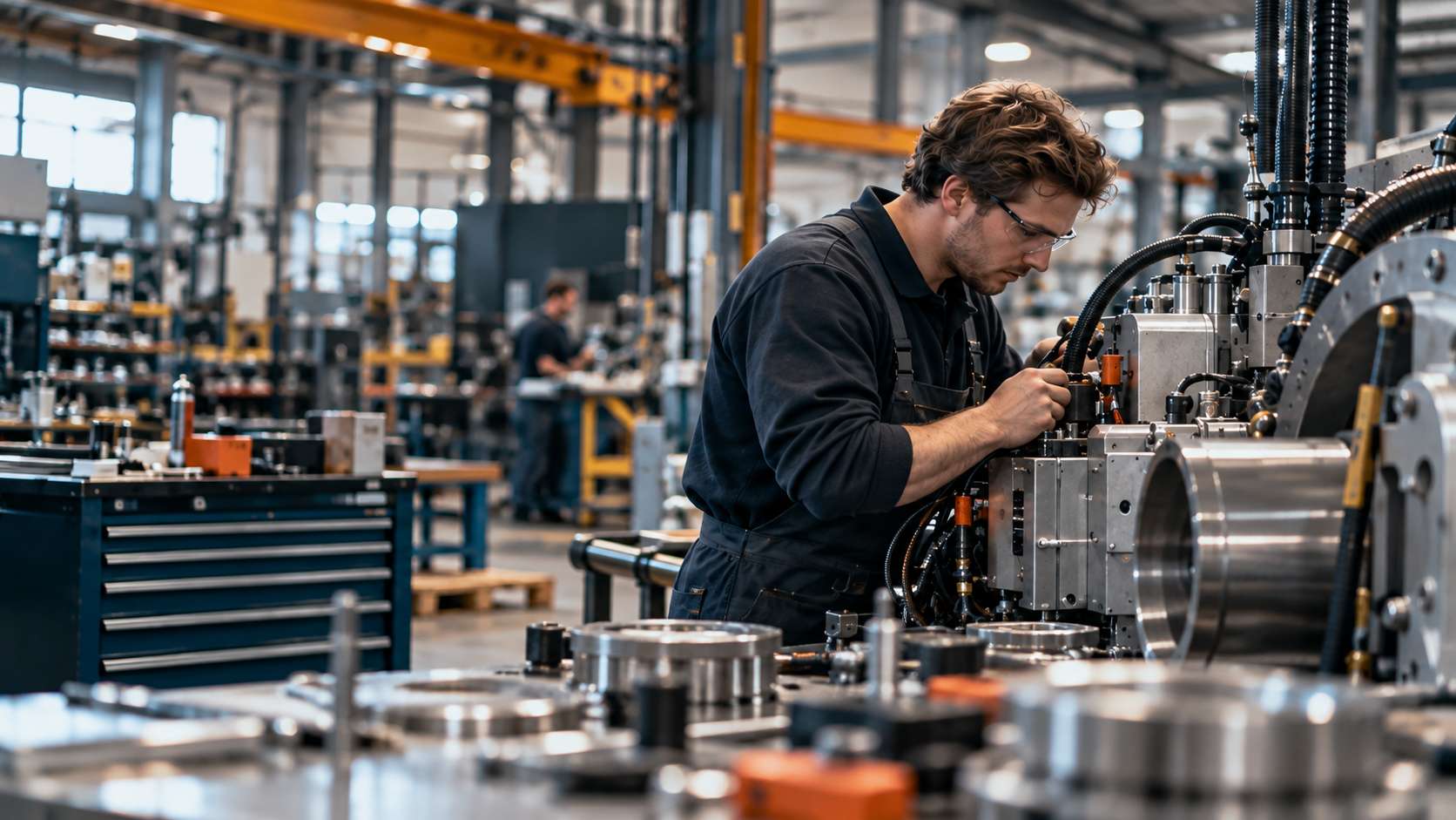 Technicus aan complexe fabrieksmachine