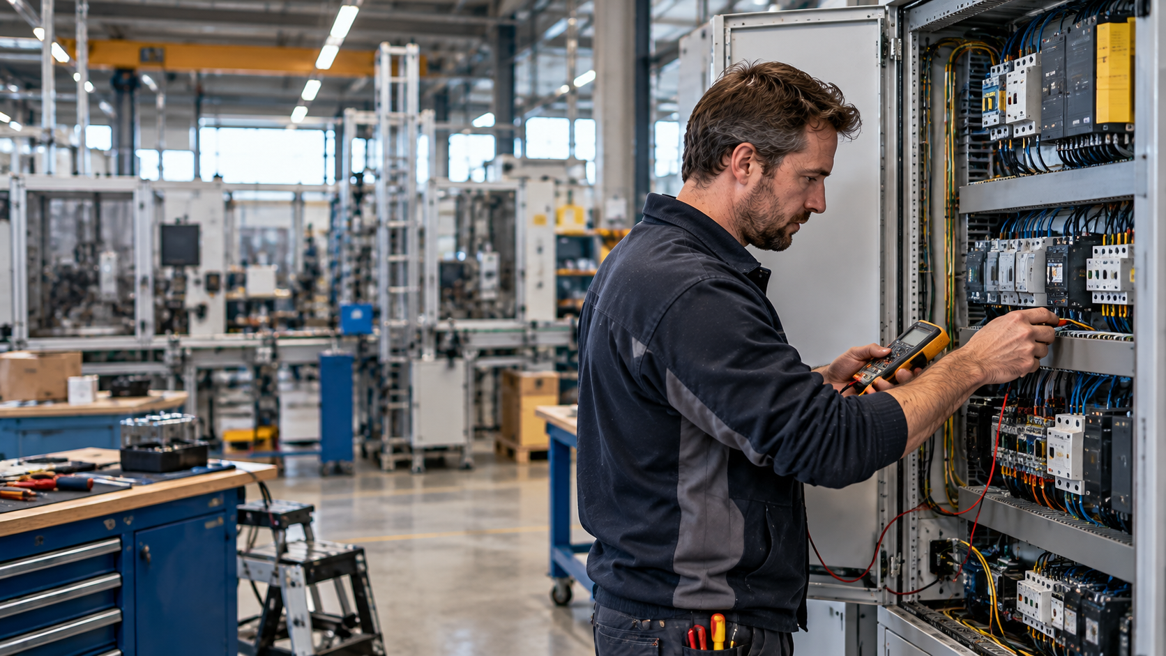 Technicus bekabelt industriële schakelkast